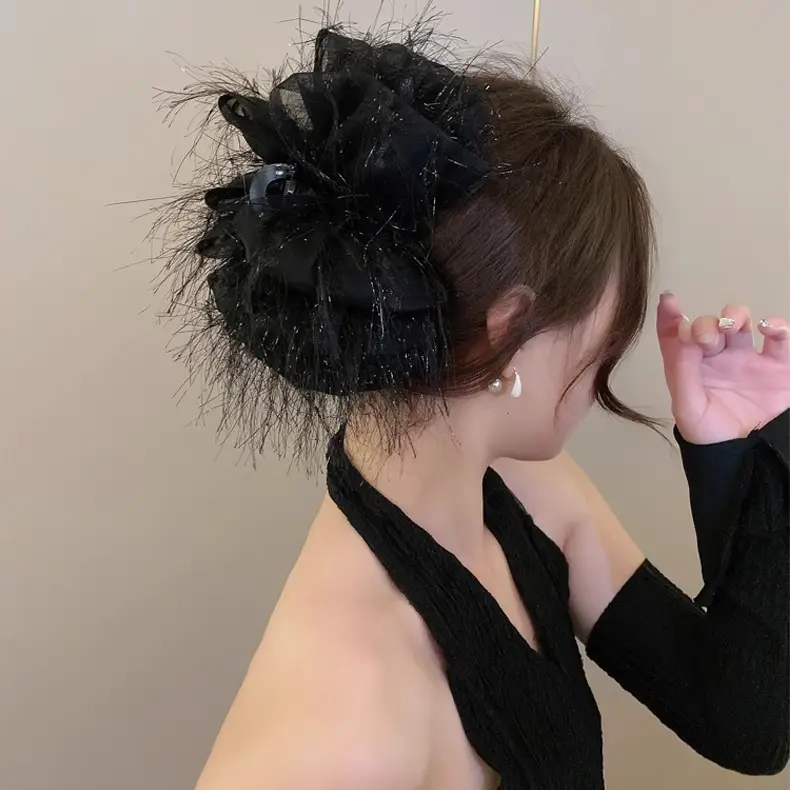 Black Satin Bow Hair Clip with Diamond Back - Image 20