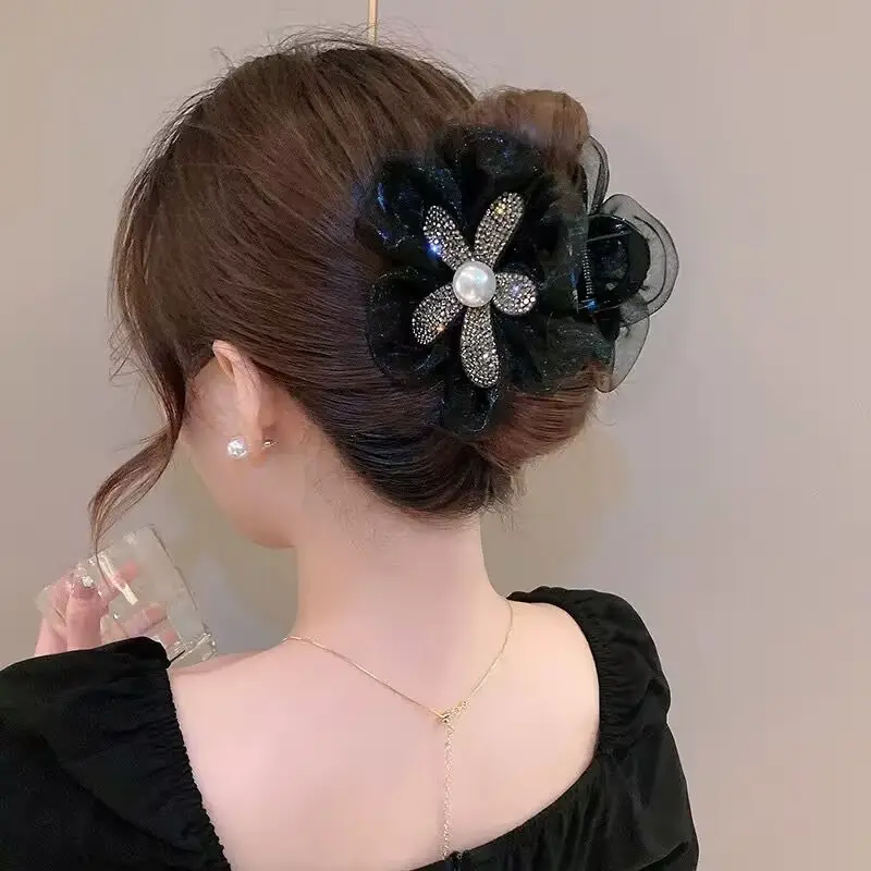 Black Satin Bow Hair Clip with Diamond Back - Image 22