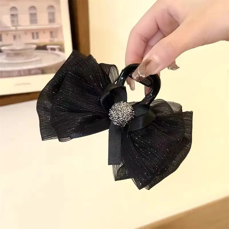 Black Satin Bow Hair Clip with Diamond Back - Image 24