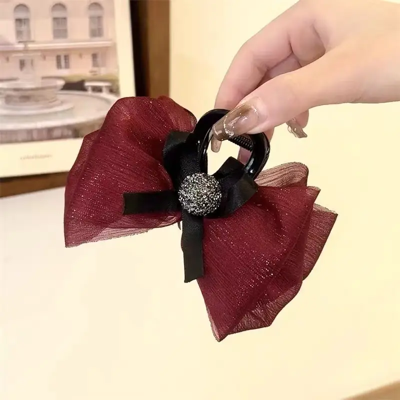 Black Satin Bow Hair Clip with Diamond Back - Image 25