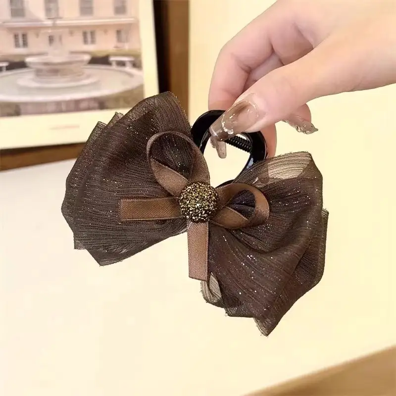 Black Satin Bow Hair Clip with Diamond Back - Image 26