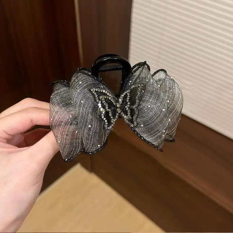 Black Satin Bow Hair Clip with Diamond Back - Image 28