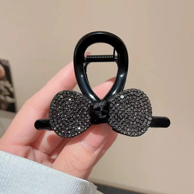 Black Satin Bow Hair Clip with Diamond Back - Image 29