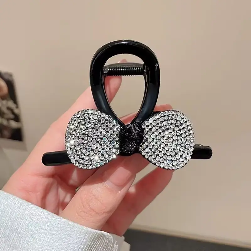 Black Satin Bow Hair Clip with Diamond Back - Image 30
