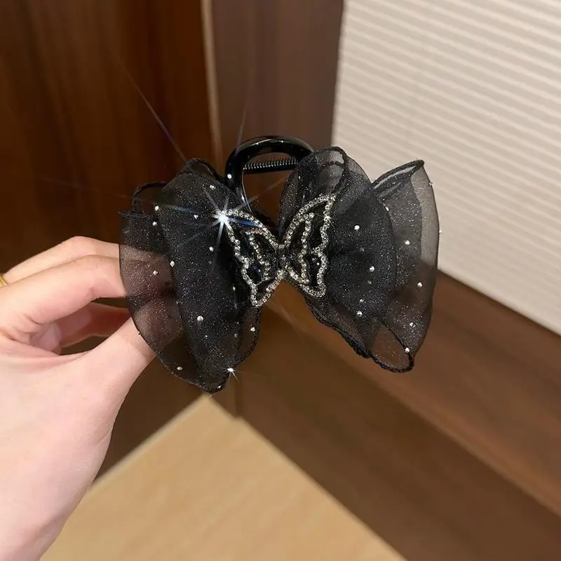 Black Satin Bow Hair Clip with Diamond Back - Image 31