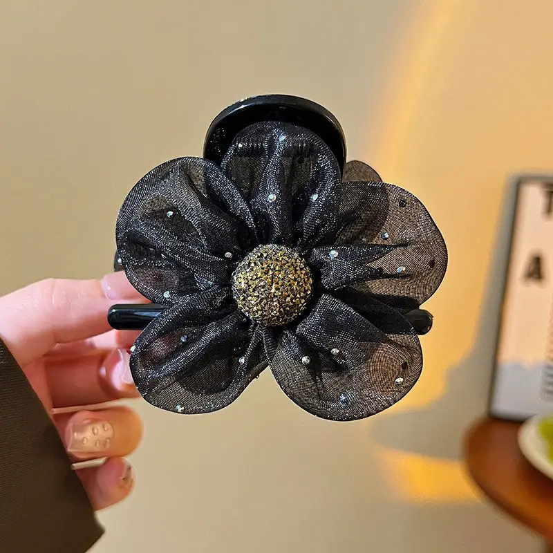 Black Satin Bow Hair Clip with Diamond Back - Image 33