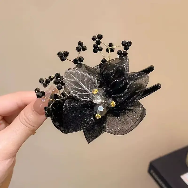 Black Satin Bow Hair Clip with Diamond Back - Image 35