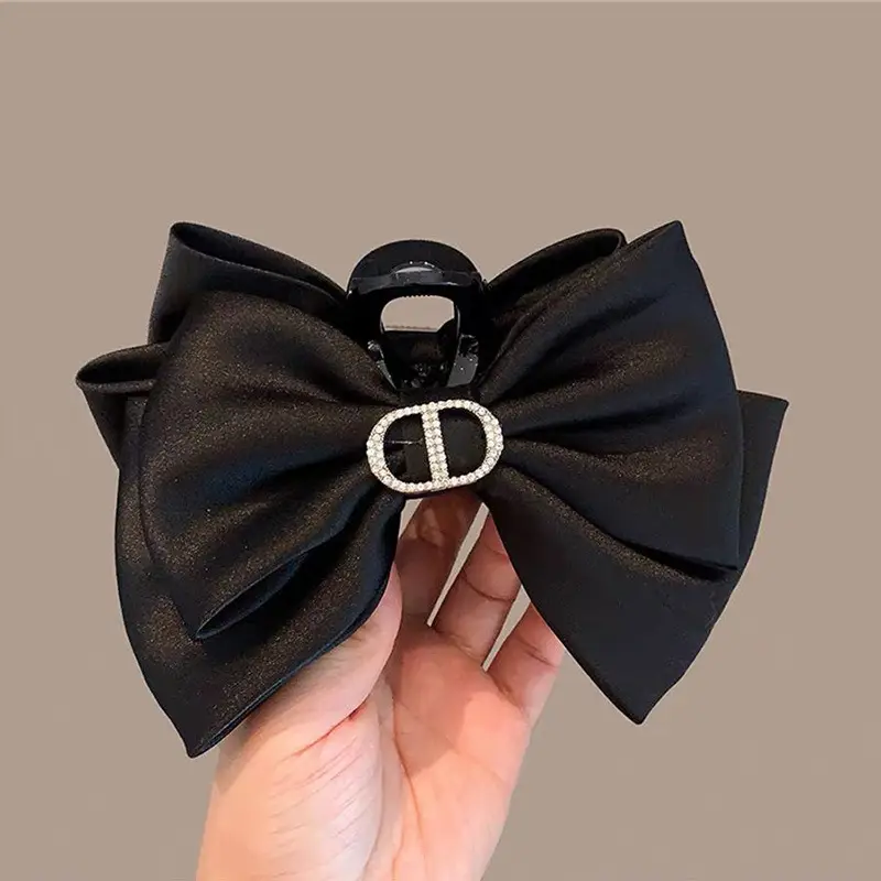 Black Satin Bow Hair Clip with Diamond Back - Image 4