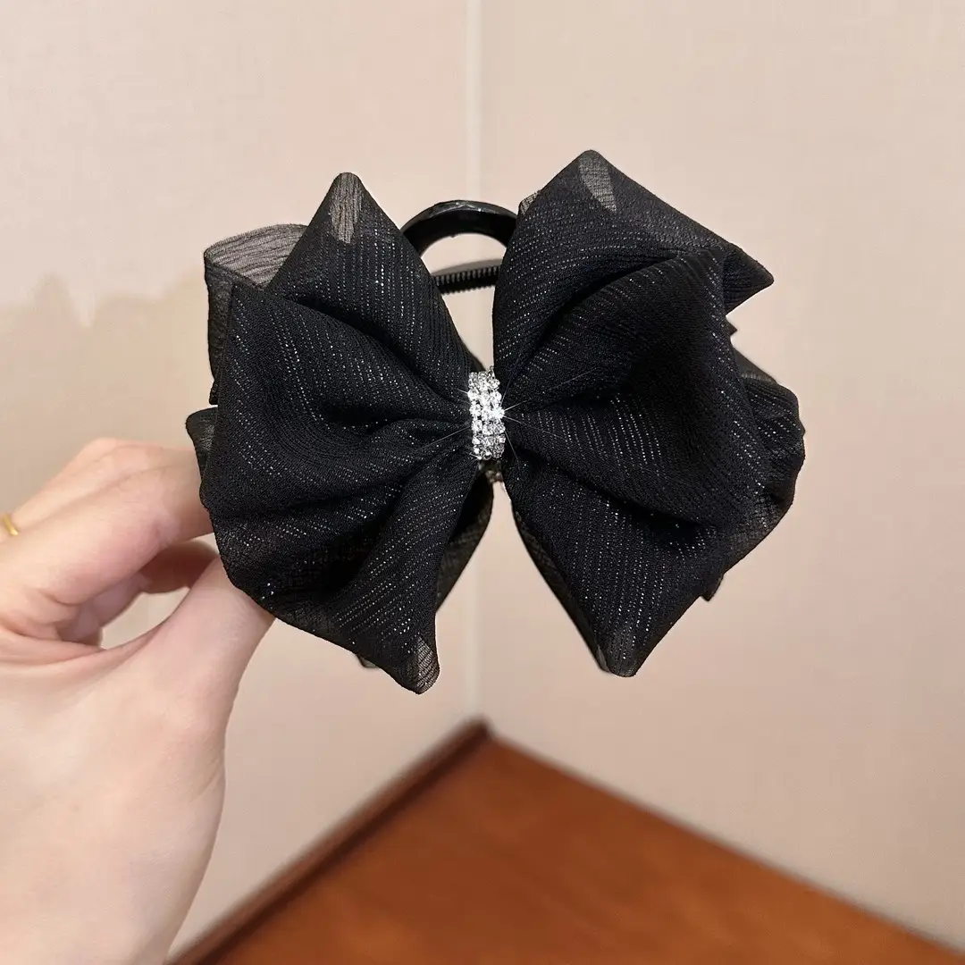 Black Satin Bow Hair Clip with Diamond Back - Image 44