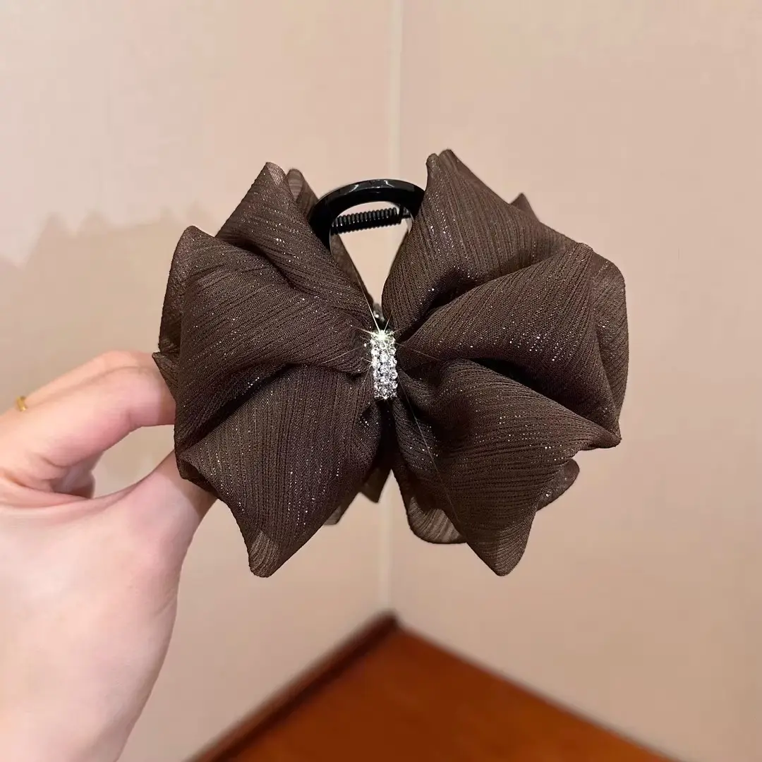 Black Satin Bow Hair Clip with Diamond Back - Image 45