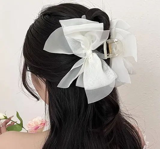Black Satin Bow Hair Clip with Diamond Back - Image 47