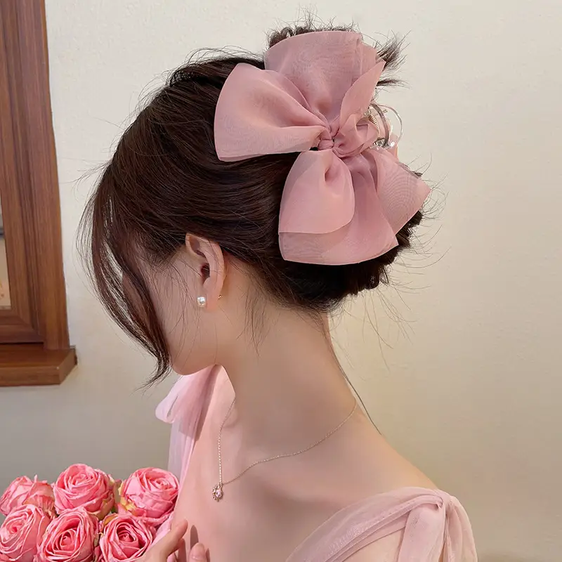 Black Satin Bow Hair Clip with Diamond Back - Image 48