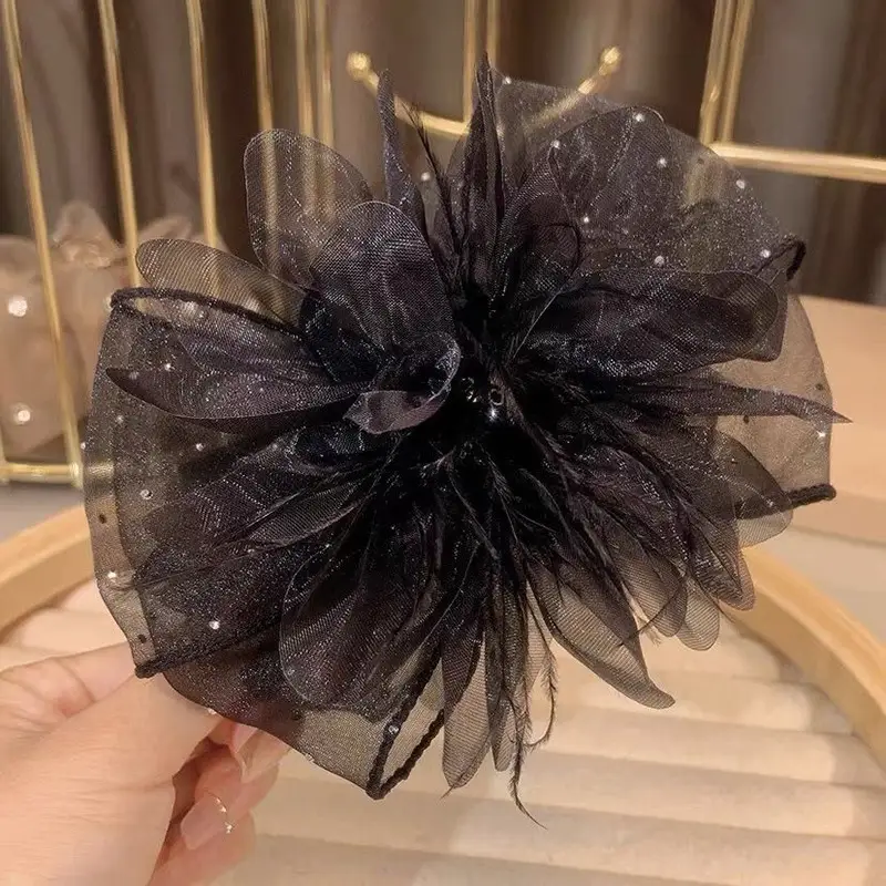 Black Satin Bow Hair Clip with Diamond Back — feature 23