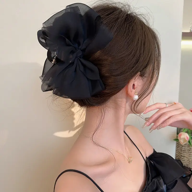 Black Satin Bow Hair Clip with Diamond Back - Image 50