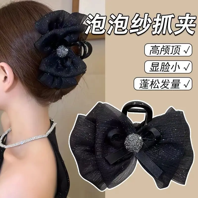Black Satin Bow Hair Clip with Diamond Back — feature 33