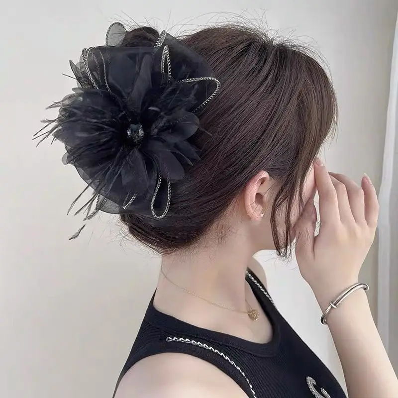 Black Satin Bow Hair Clip with Diamond Back — feature 26