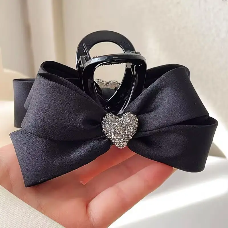 Black Satin Bow Hair Clip with Diamond Back - Image 73