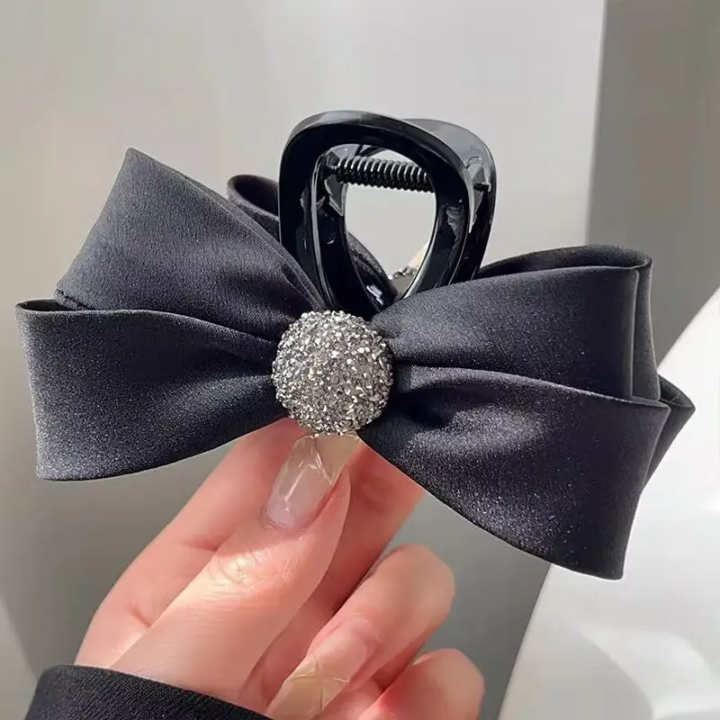 Black Satin Bow Hair Clip with Diamond Back - Image 74