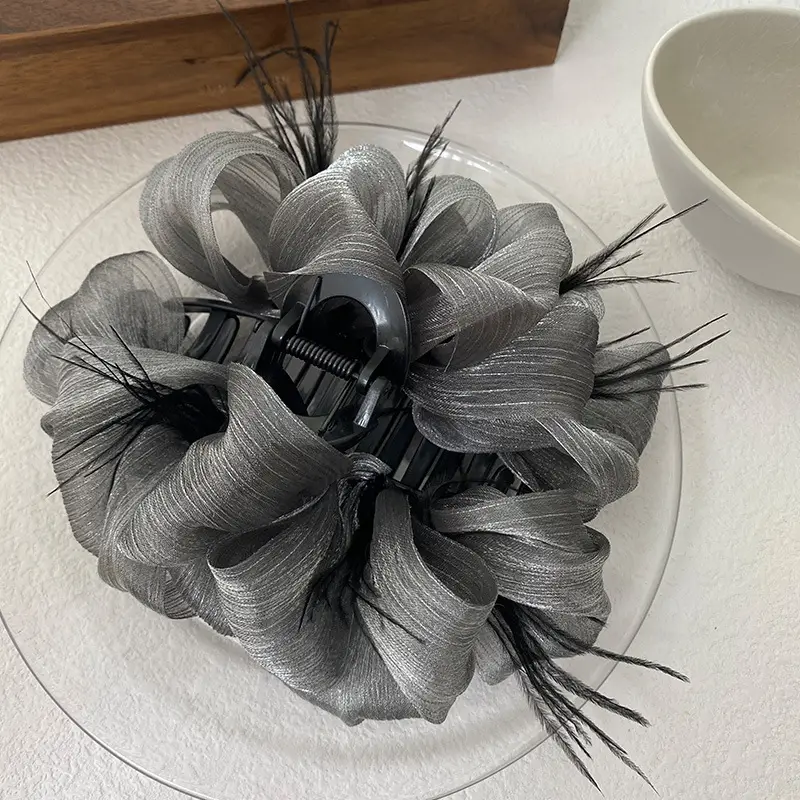 Black Satin Bow Hair Clip with Diamond Back - Image 8