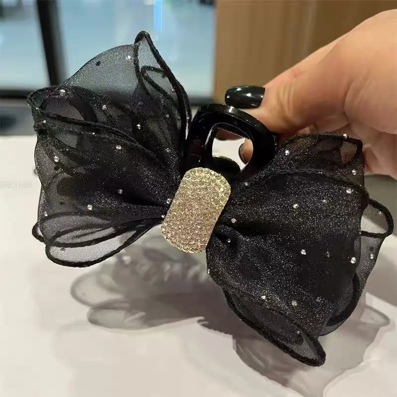 Black Satin Bow Hair Clip with Diamond Back - Image 11