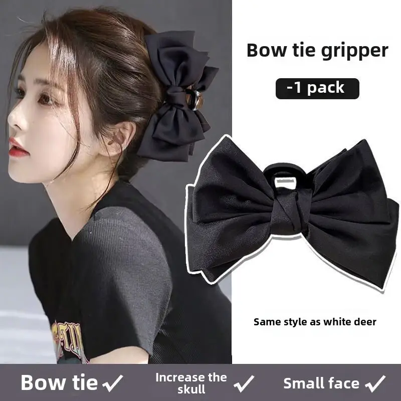 Black Satin Bow Hair Clip with Diamond Back - Image 114