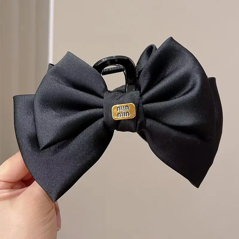 Black Satin Bow Hair Clip with Diamond Back - Image 12