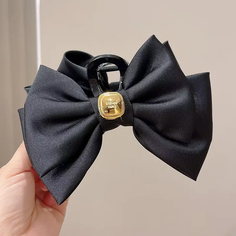 Black Satin Bow Hair Clip with Diamond Back - Image 14