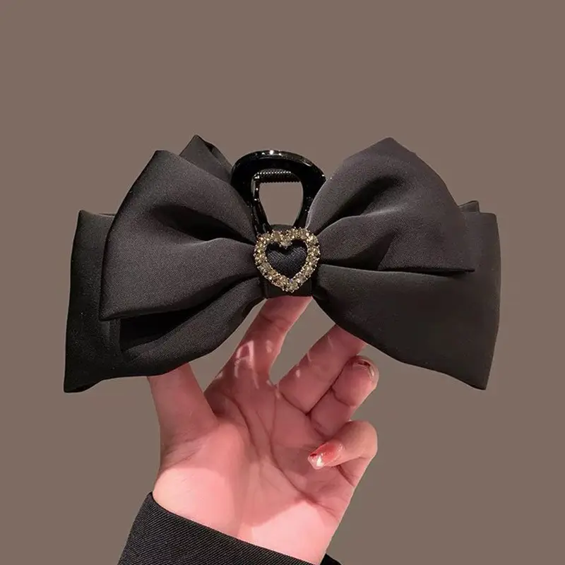 Black Satin Bow Hair Clip with Diamond Back - Image 3
