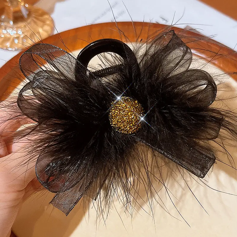 Black Satin Bow Hair Clip with Diamond Back - Image 36