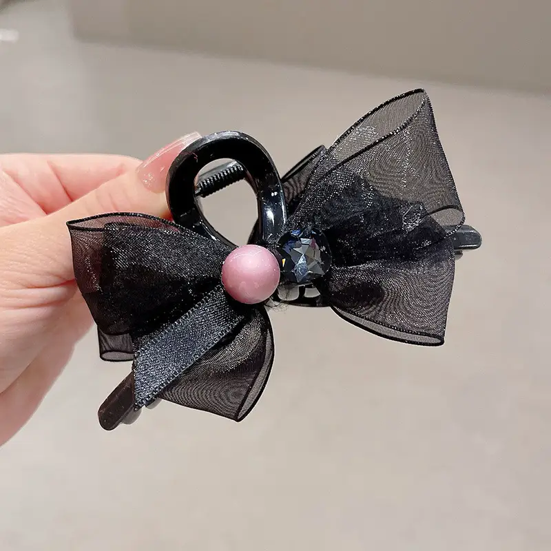 Black Satin Bow Hair Clip with Diamond Back - Image 43