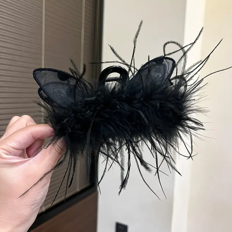 Black Satin Bow Hair Clip with Diamond Back - Image 53