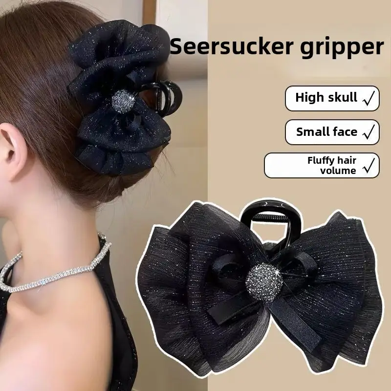 Black Satin Bow Hair Clip with Diamond Back - Image 54
