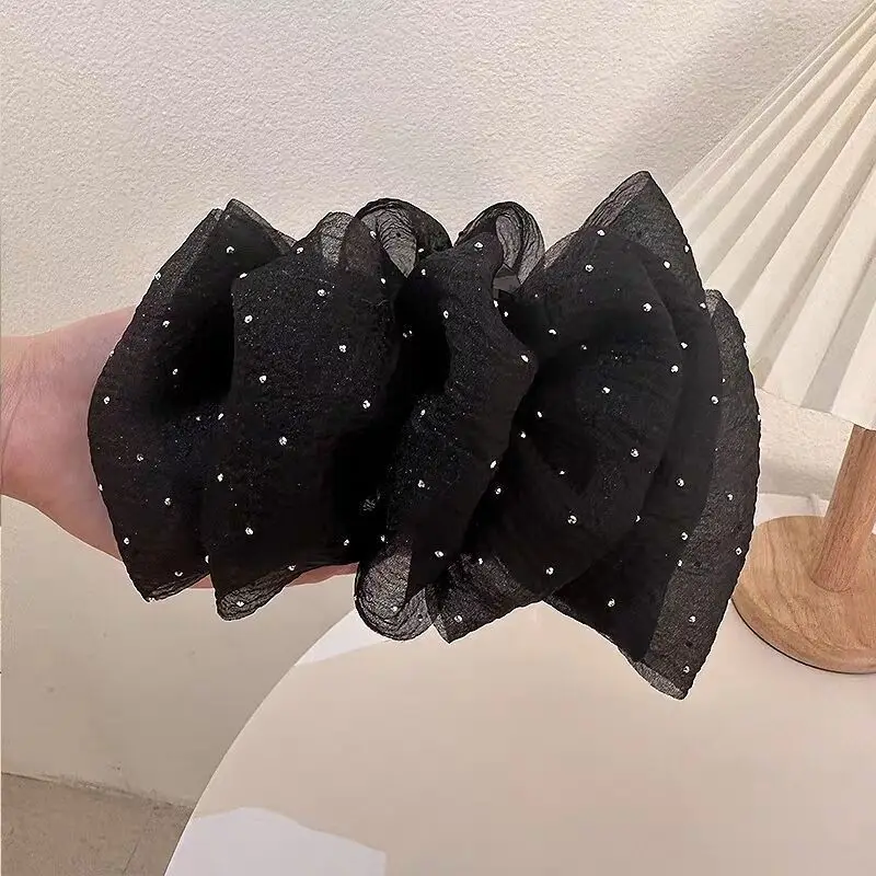 Black Satin Bow Hair Clip with Diamond Back - Image 58