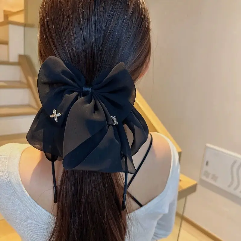 Black Satin Bow Hair Clip with Diamond Back - Image 69