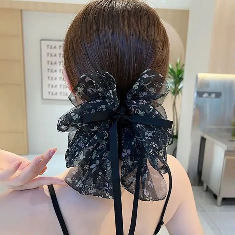 Black Satin Bow Hair Clip with Diamond Back - Image 72