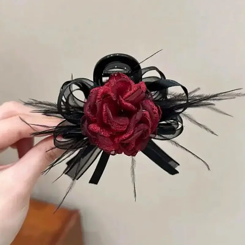 Black Satin Bow Hair Clip with Diamond Back - Image 82