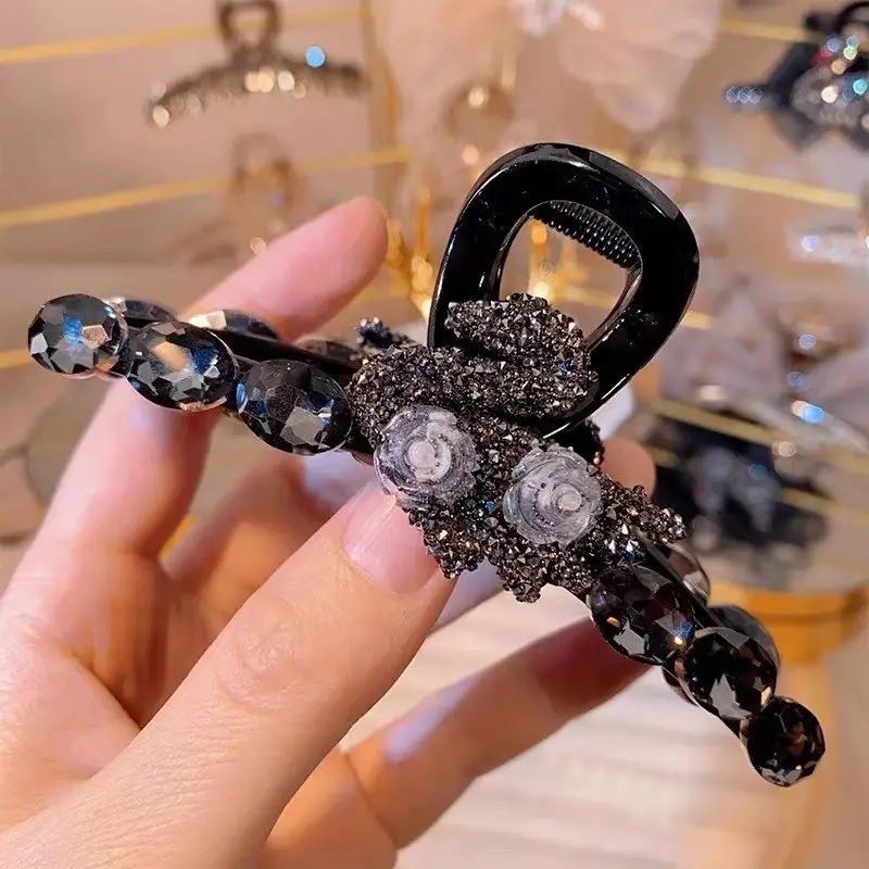 Black Satin Bow Hair Clip with Diamond Back - Image 84