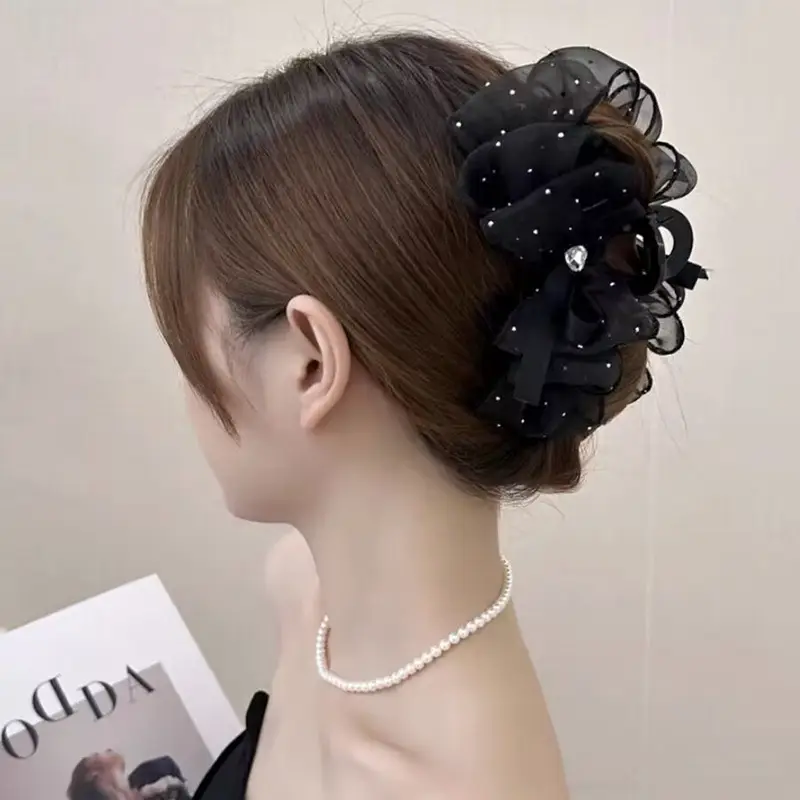 Black Satin Bow Hair Clip with Diamond Back - Image 89