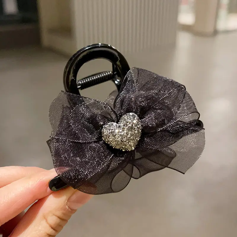 Black Satin Bow Hair Clip with Diamond Back - Image 91