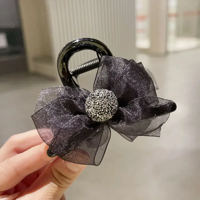 Black Satin Bow Hair Clip with Diamond Back - Image 93