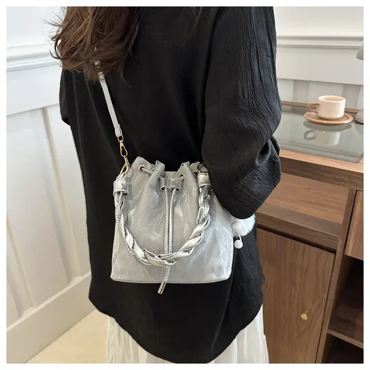 Pink Drawstring Shoulder Crossbody Bag with Rope Trim — feature 10