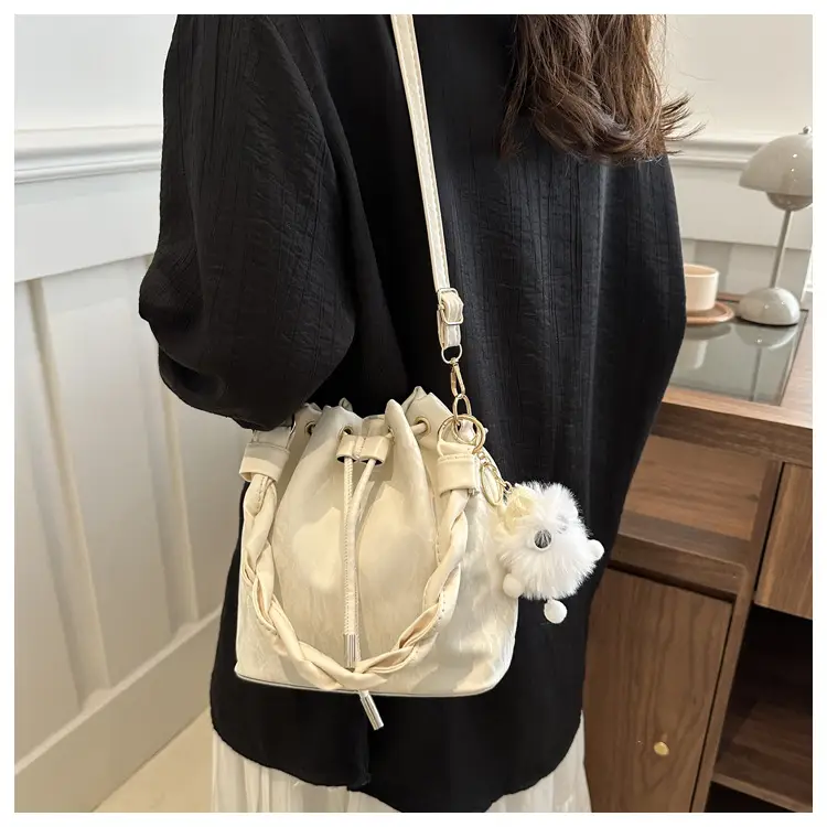 Pink Drawstring Shoulder Crossbody Bag with Rope Trim — feature 11