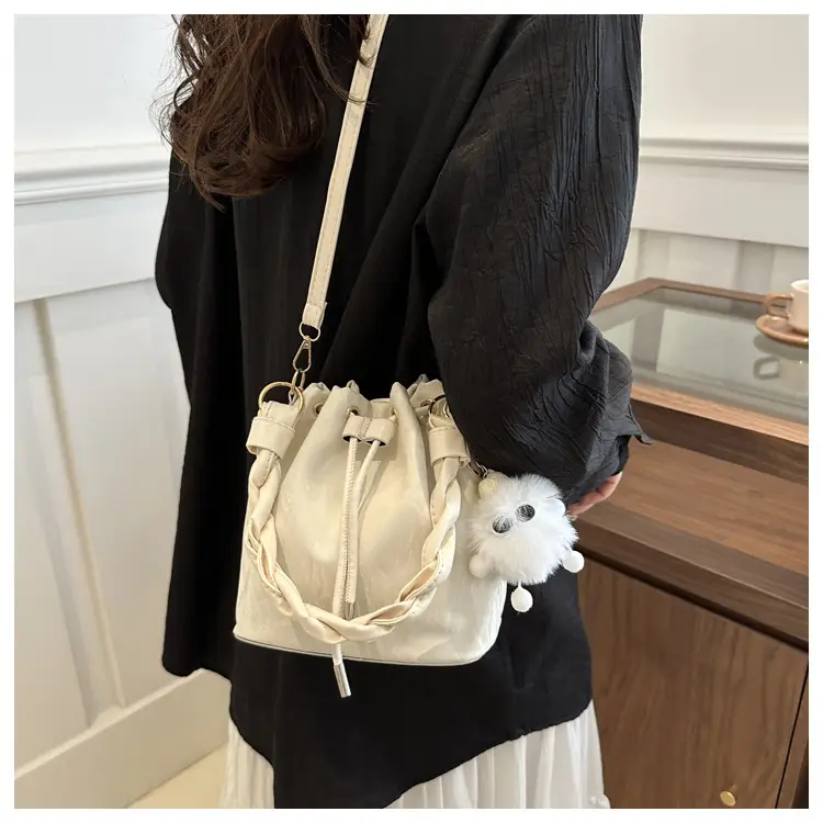 Pink Drawstring Shoulder Crossbody Bag with Rope Trim — feature 12