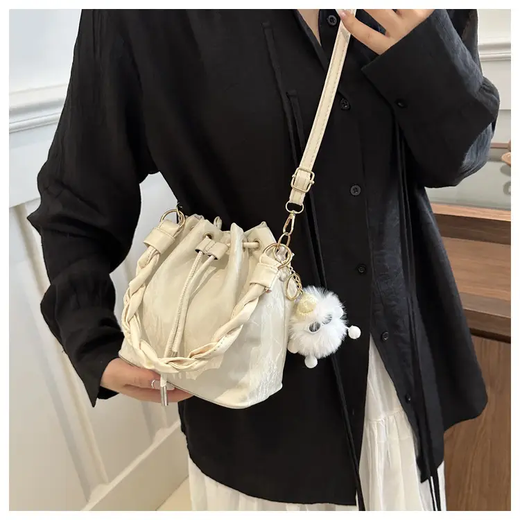 Pink Drawstring Shoulder Crossbody Bag with Rope Trim — feature 13