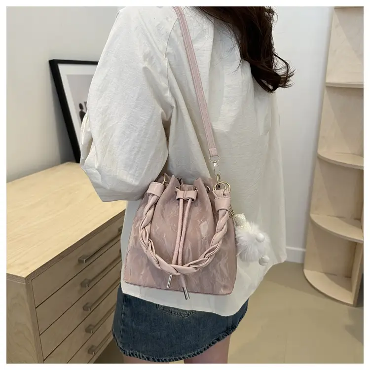 Pink Drawstring Shoulder Crossbody Bag with Rope Trim — feature 14