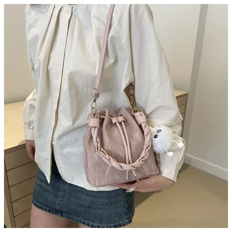 Pink Drawstring Shoulder Crossbody Bag with Rope Trim — feature 15