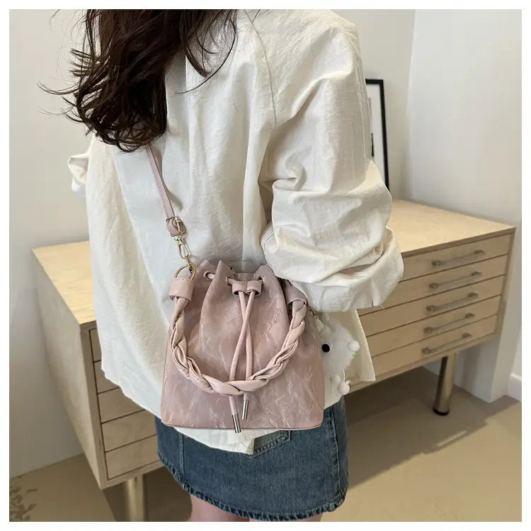 Pink Drawstring Shoulder Crossbody Bag with Rope Trim — feature 16