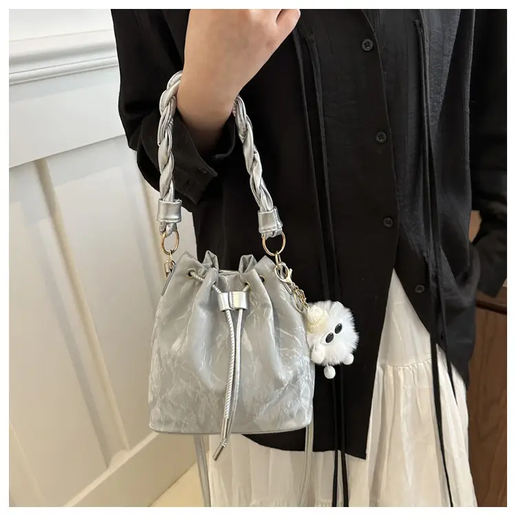 Pink Drawstring Shoulder Crossbody Bag with Rope Trim — feature 8