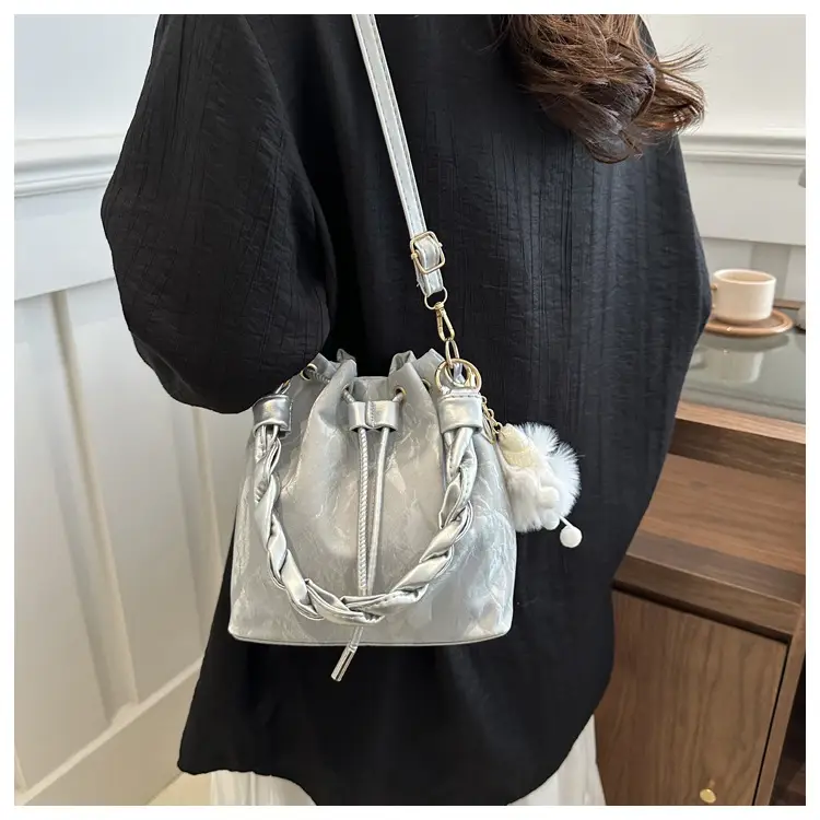 Pink Drawstring Shoulder Crossbody Bag with Rope Trim — feature 9