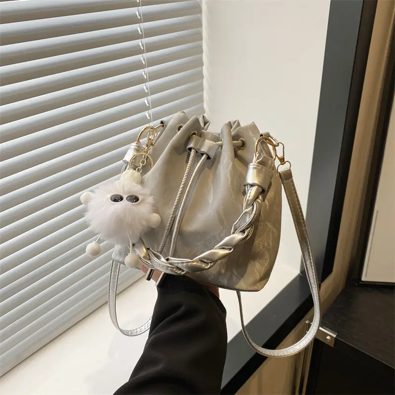 Pink Drawstring Shoulder Crossbody Bag with Rope Trim - Image 7